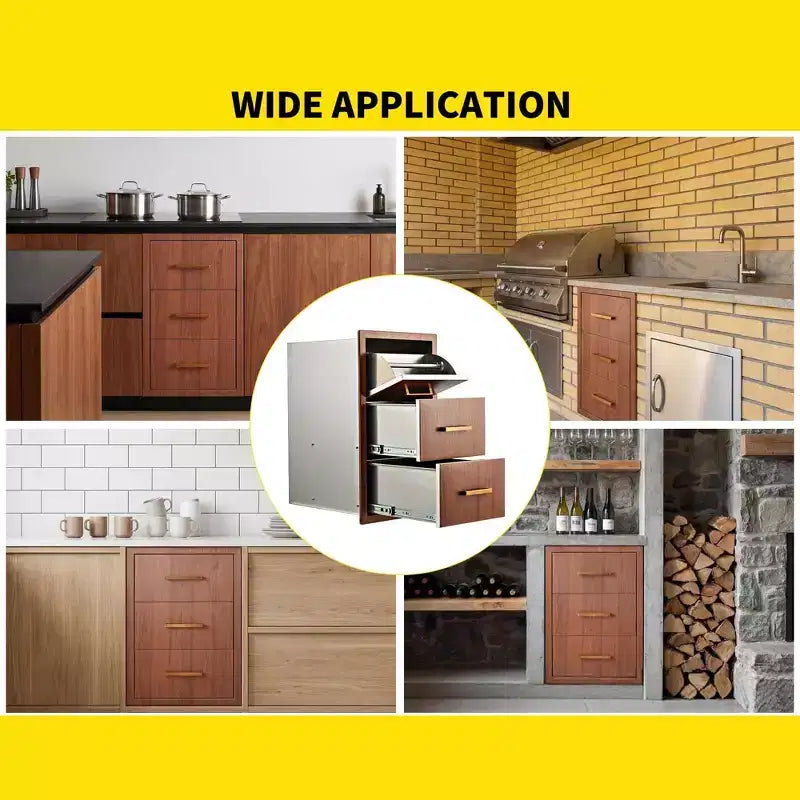 Tiroirs de cuisine extérieure 17 W x 30 H x 21 P, tiroirs triples encastrables pour barbecue avec poignée en acier inoxydable, combo porte-serviettes en papier pour îlot de barbecue