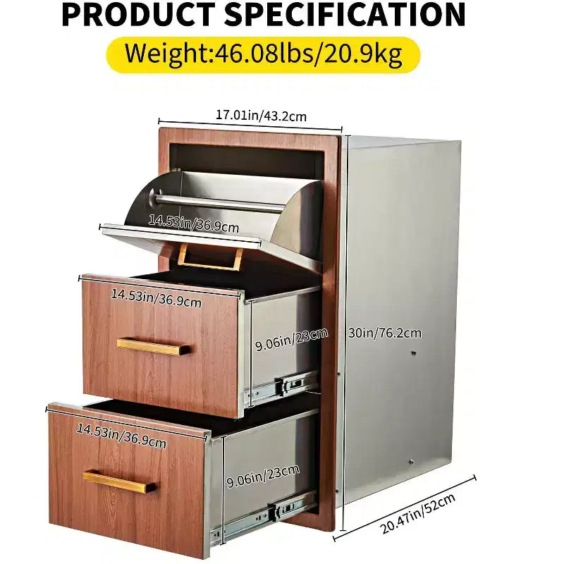 Tiroirs de cuisine extérieure 17 W x 30 H x 21 P, tiroirs triples encastrables pour barbecue avec poignée en acier inoxydable, combo porte-serviettes en papier pour îlot de barbecue