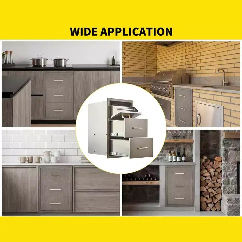 Tiroirs de cuisine extérieure 17 W x 30 H x 21 P, tiroirs triples encastrables pour barbecue avec poignée en acier inoxydable, combo porte-serviettes en papier pour îlot de barbecue