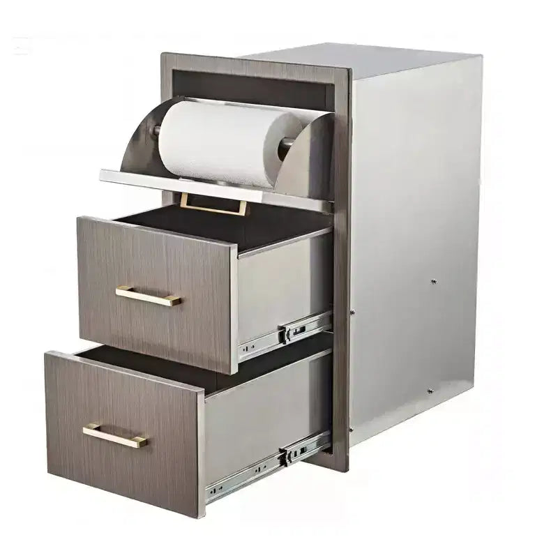 Tiroirs de cuisine extérieure 17 W x 30 H x 21 P, tiroirs triples encastrables pour barbecue avec poignée en acier inoxydable, combo porte-serviettes en papier pour îlot de barbecue