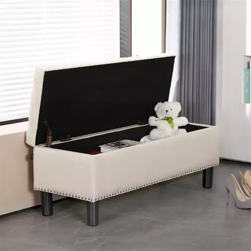 Banc de rangement rectangulaire capitonné en lin avec boutons touffetés, grande capacité, pour chambre/entrée/couloir