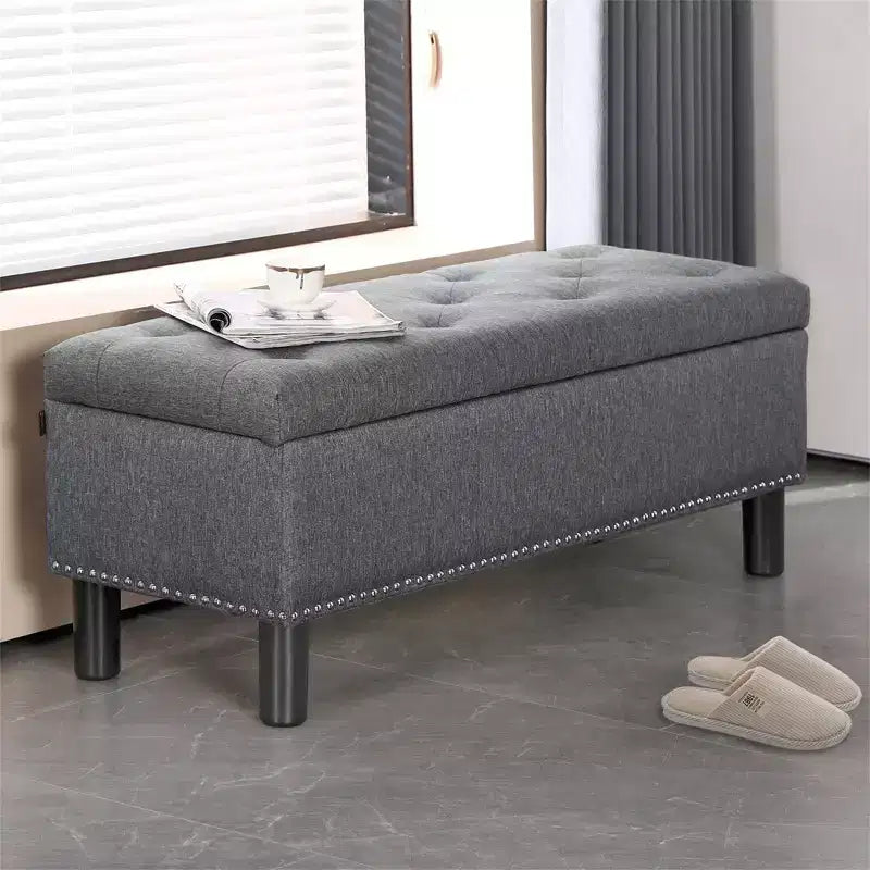 Banc de rangement rectangulaire capitonné en lin avec boutons touffetés, grande capacité, pour chambre/entrée/couloir
