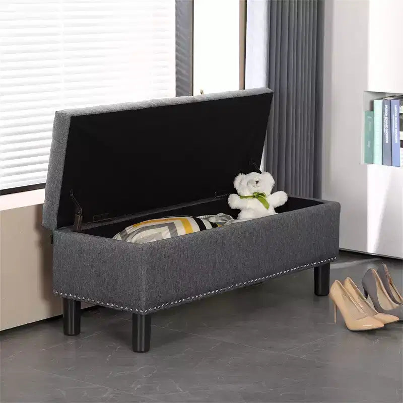 Banc de rangement rectangulaire capitonné en lin avec boutons touffetés, grande capacité, pour chambre/entrée/couloir