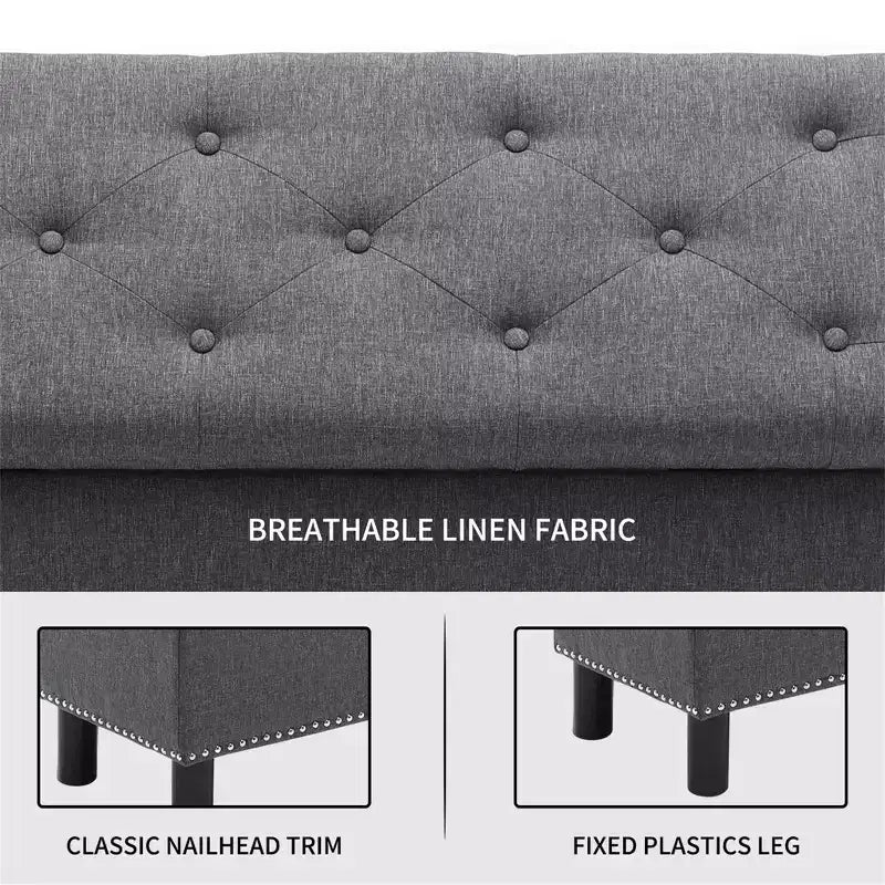 Banc de rangement rectangulaire capitonné en lin avec boutons touffetés, grande capacité, pour chambre/entrée/couloir