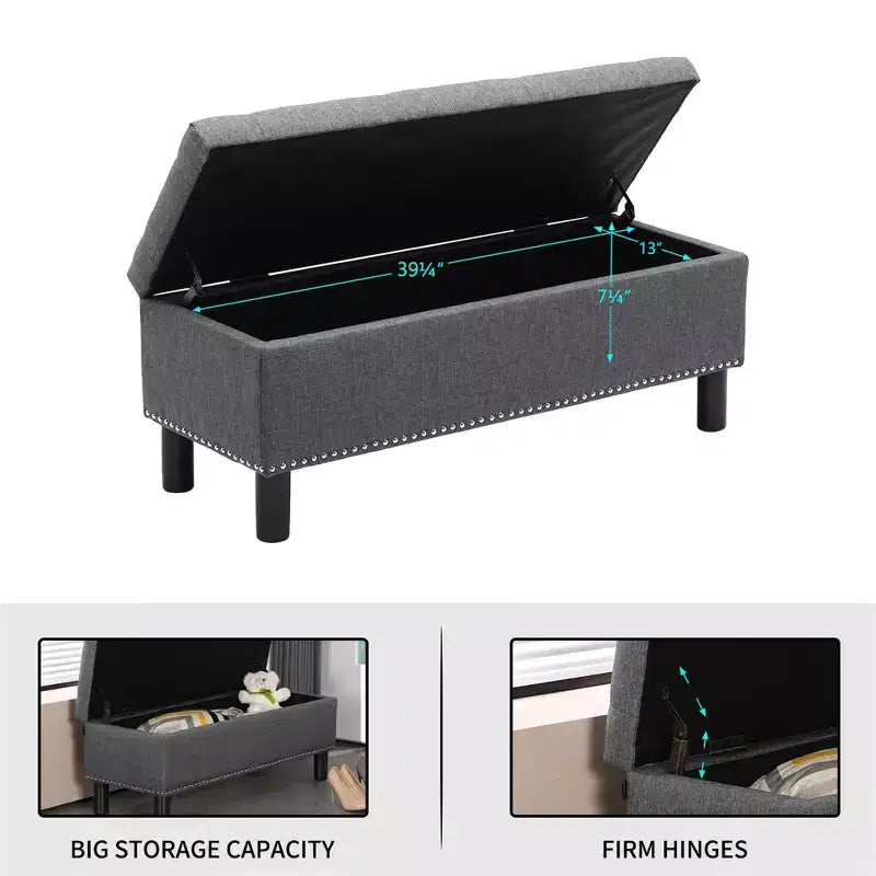 Banc de rangement rectangulaire capitonné en lin avec boutons touffetés, grande capacité, pour chambre/entrée/couloir