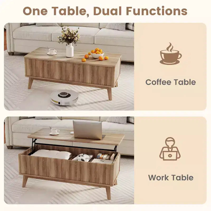 Table basse cannelée à plateau relevable de 43,5 po avec compartiments dissimulés pour la maison
