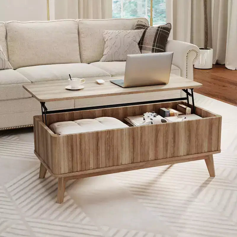 Table basse cannelée à plateau relevable de 43,5 po avec compartiments dissimulés pour la maison