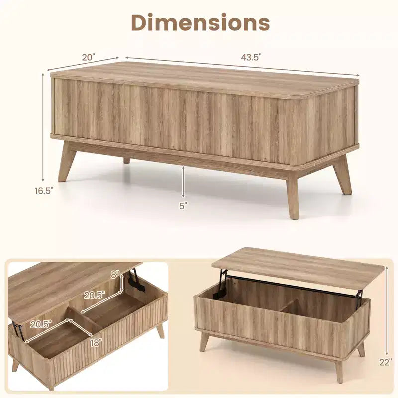 Table basse cannelée à plateau relevable de 43,5 po avec compartiments dissimulés pour la maison
