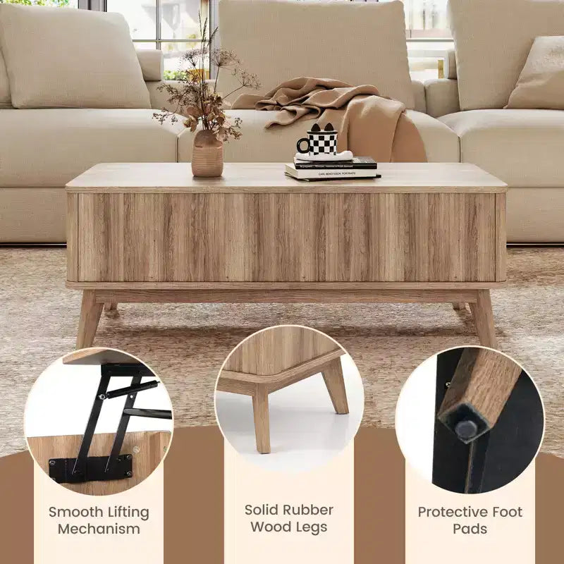Table basse cannelée à plateau relevable de 43,5 po avec compartiments dissimulés pour la maison