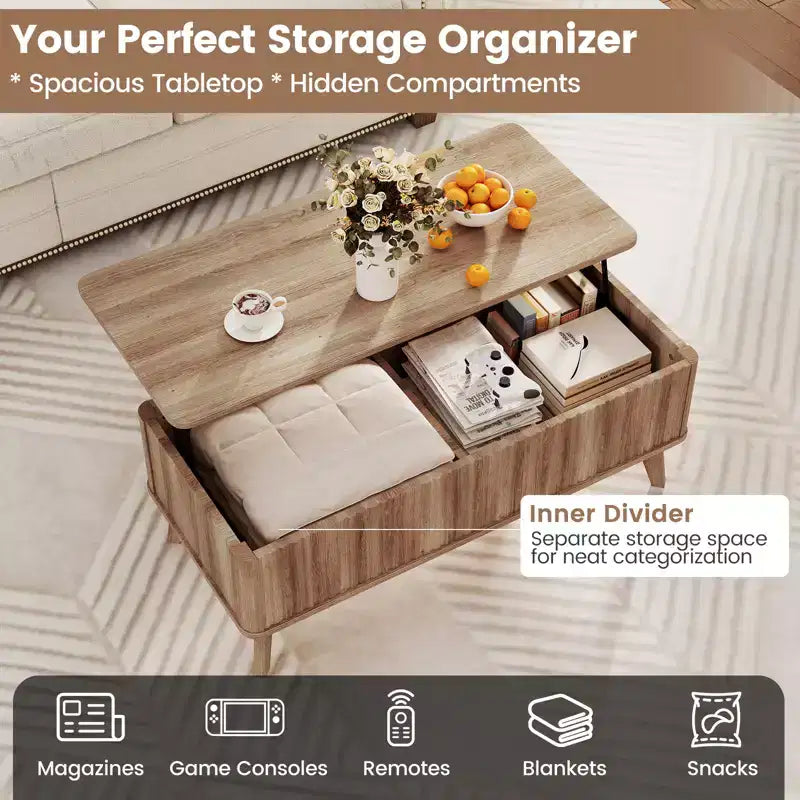 Table basse cannelée à plateau relevable de 43,5 po avec compartiments dissimulés pour la maison