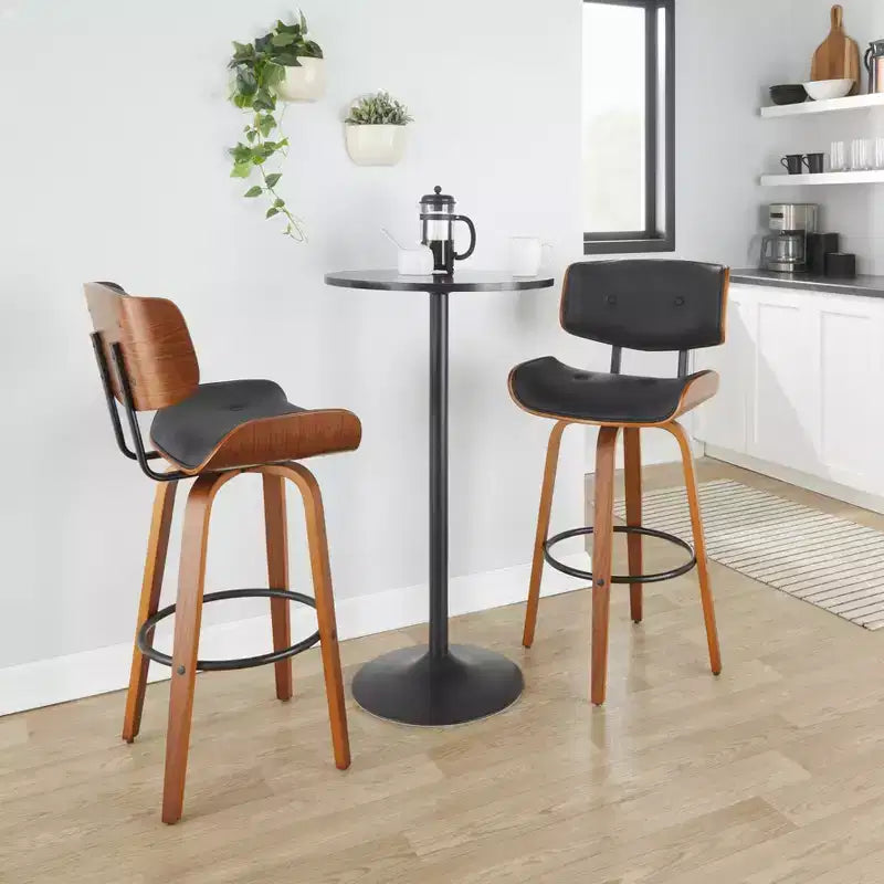 Tabourets de bar Noyer/Noir - : Hauteur fixe mi-siècle, capitonné, assise de 77,5 cm