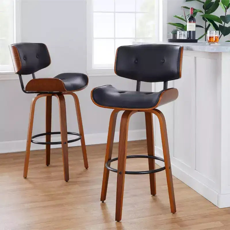 Tabourets de bar Noyer/Noir - : Hauteur fixe mi-siècle, capitonné, assise de 77,5 cm