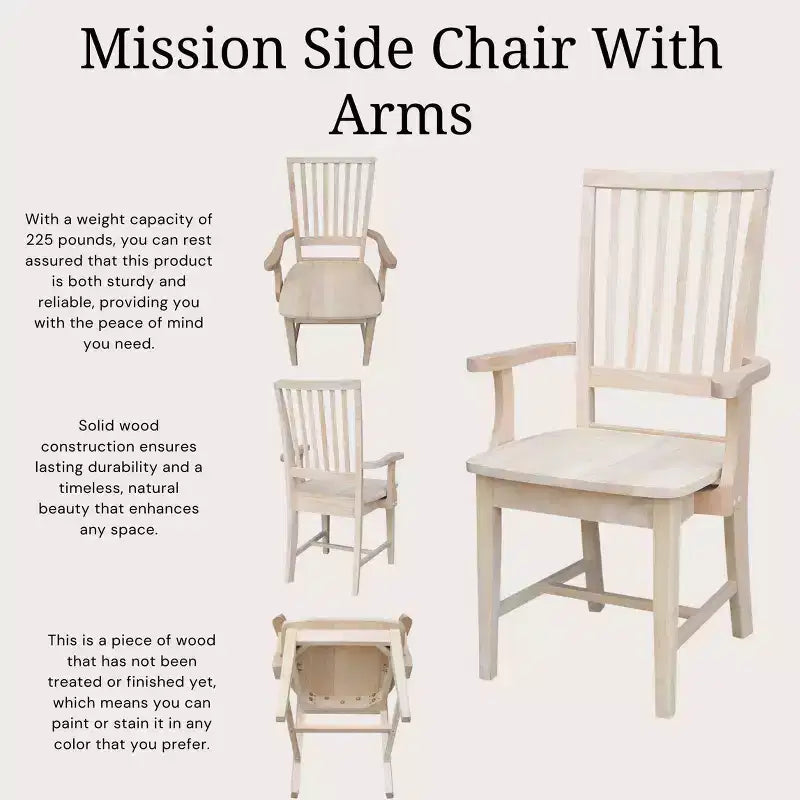 Chaise d'appoint Mission avec accoudoirs non finie - : Bois massif, dossier à lattes, mobilier de cuisine