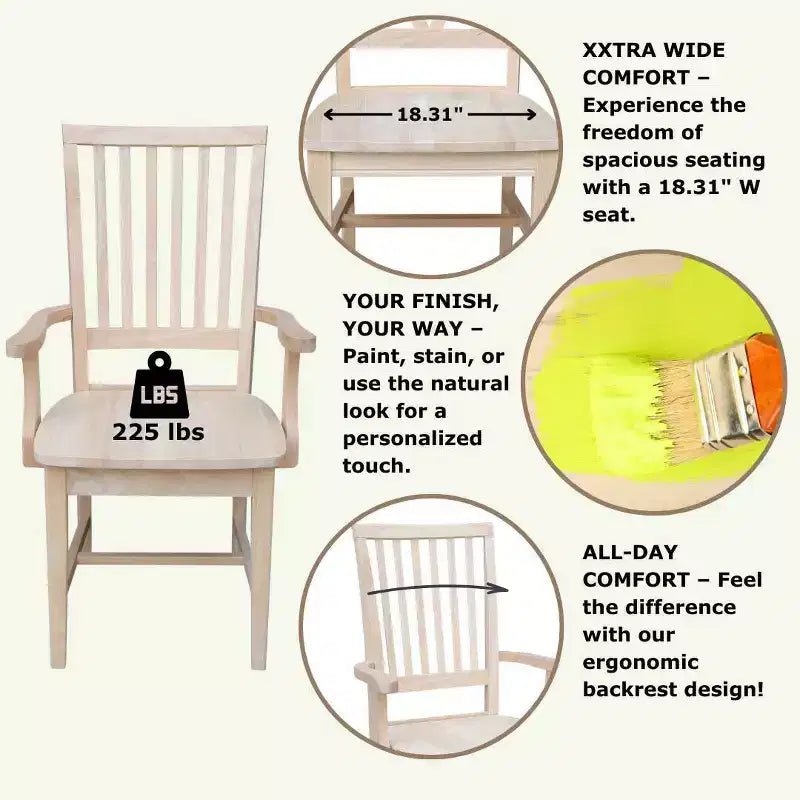 Chaise d'appoint Mission avec accoudoirs non finie - : Bois massif, dossier à lattes, mobilier de cuisine