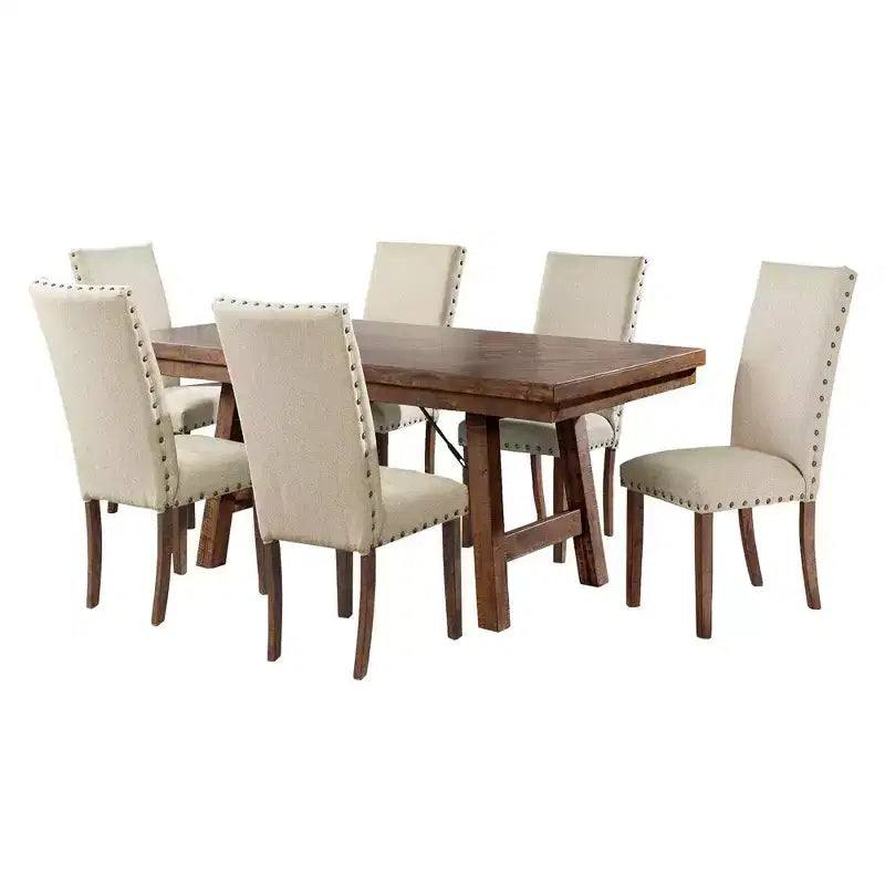 Table à manger extensible avec 6 chaises d'appoint rembourrées Noyer brun/Crème - : Fini fumé, Pieds évasés