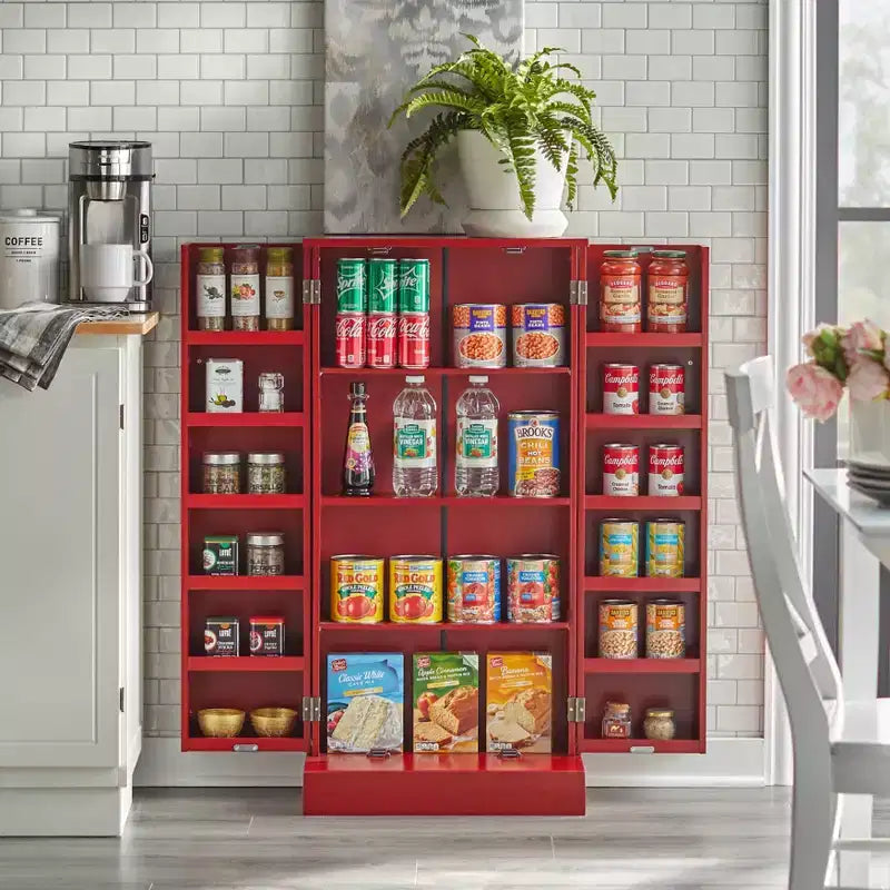 Garde-manger utilitaire bilatéral rouge : style transitoire, construction en MDF, 3 étagères réglables, 10 compartiments de porte