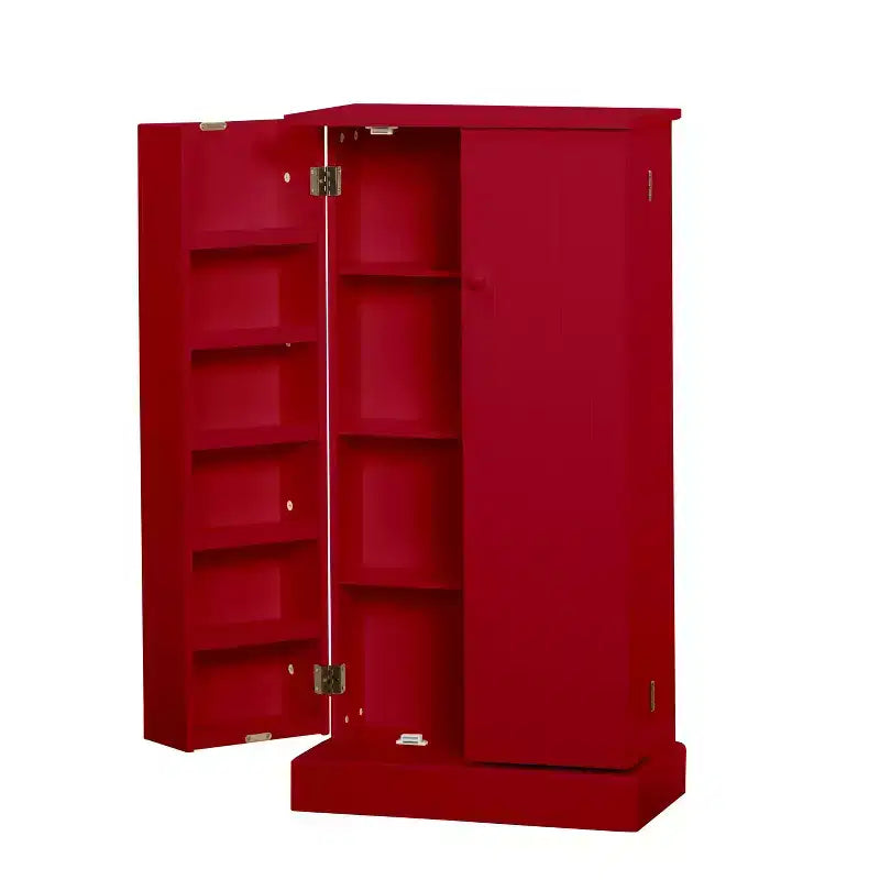 Garde-manger utilitaire bilatéral rouge : style transitoire, construction en MDF, 3 étagères réglables, 10 compartiments de porte