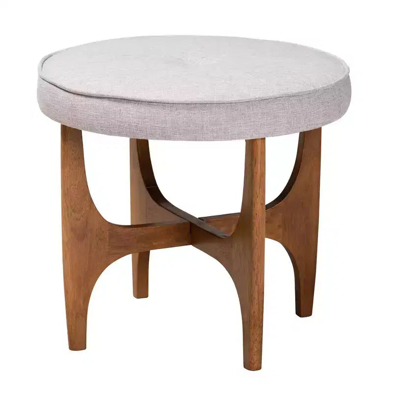 Pouf repose-pieds Theo en tissu et bois, beige grisé/brun noyer
