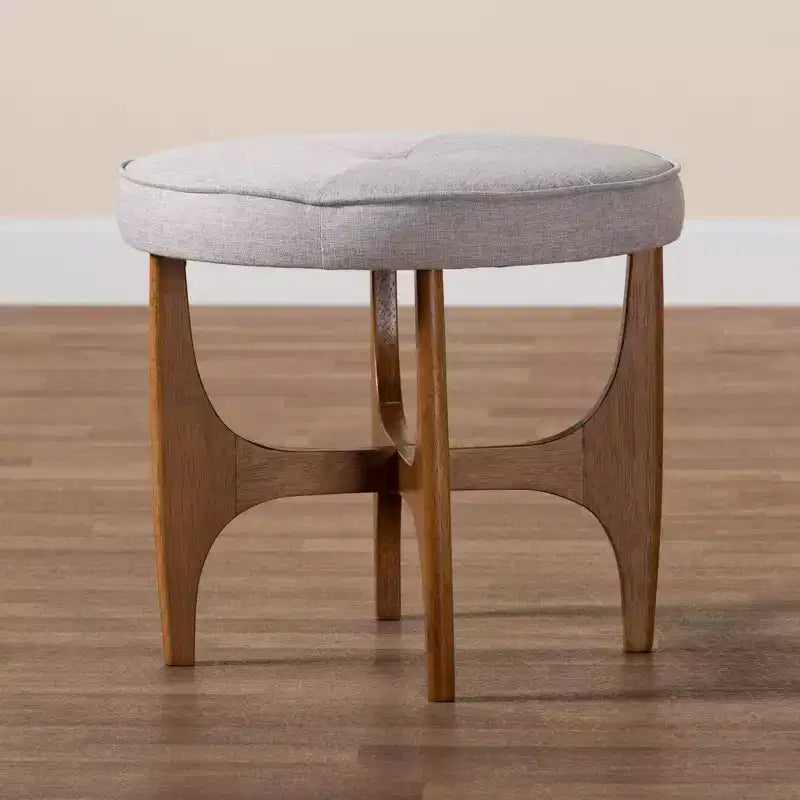 Pouf repose-pieds Theo en tissu et bois, beige grisé/brun noyer