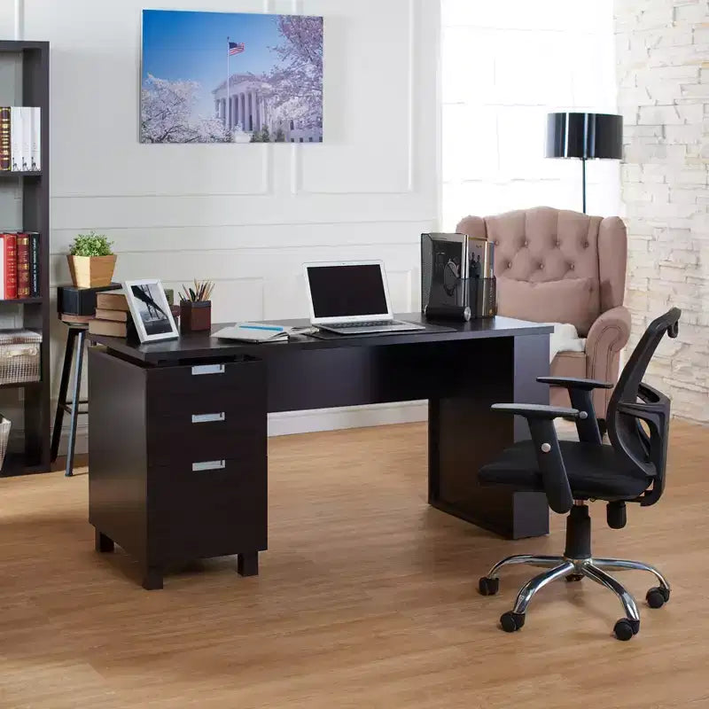 Office Desk Espresso - : Meuble maison moderne avec rangement et accents argentés