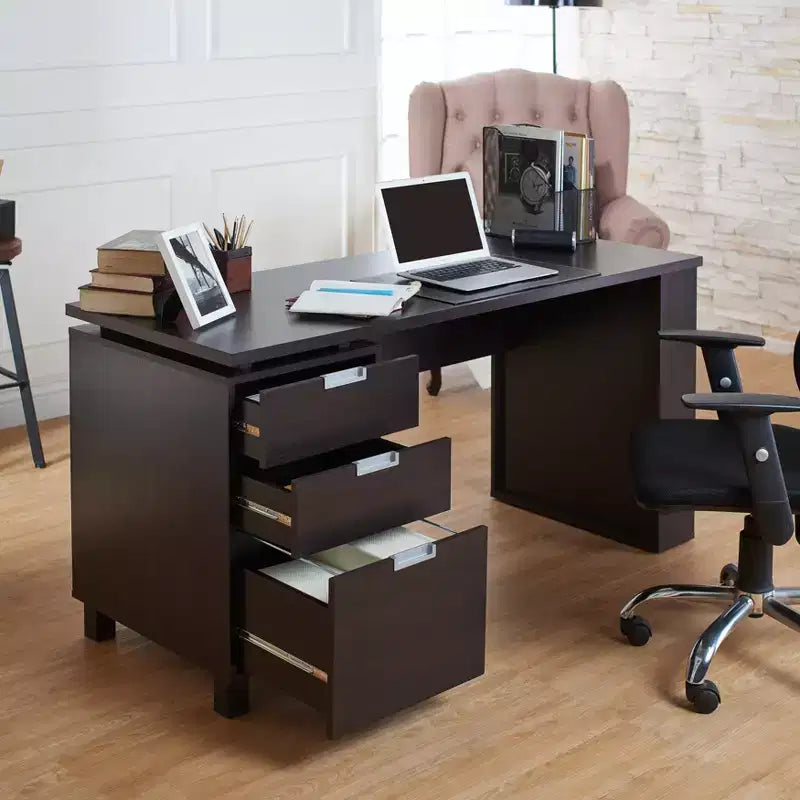 Office Desk Espresso - : Meuble maison moderne avec rangement et accents argentés