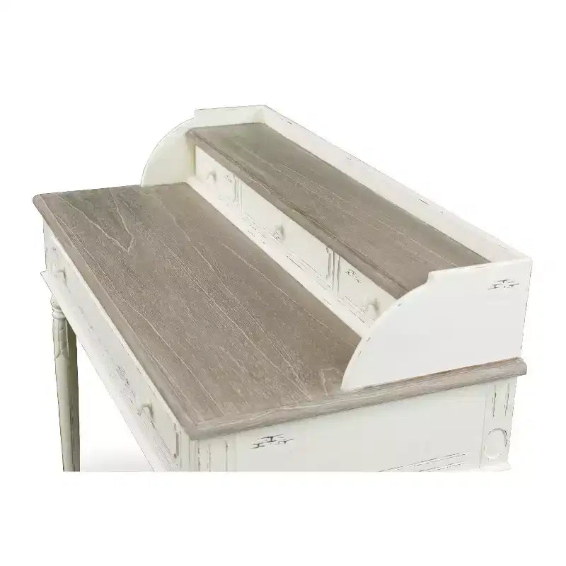 Bureau Anjou style traditionnel français blanc/brun clair - : 4 tiroirs, plateau en bois de mindi, mobilier de bureau