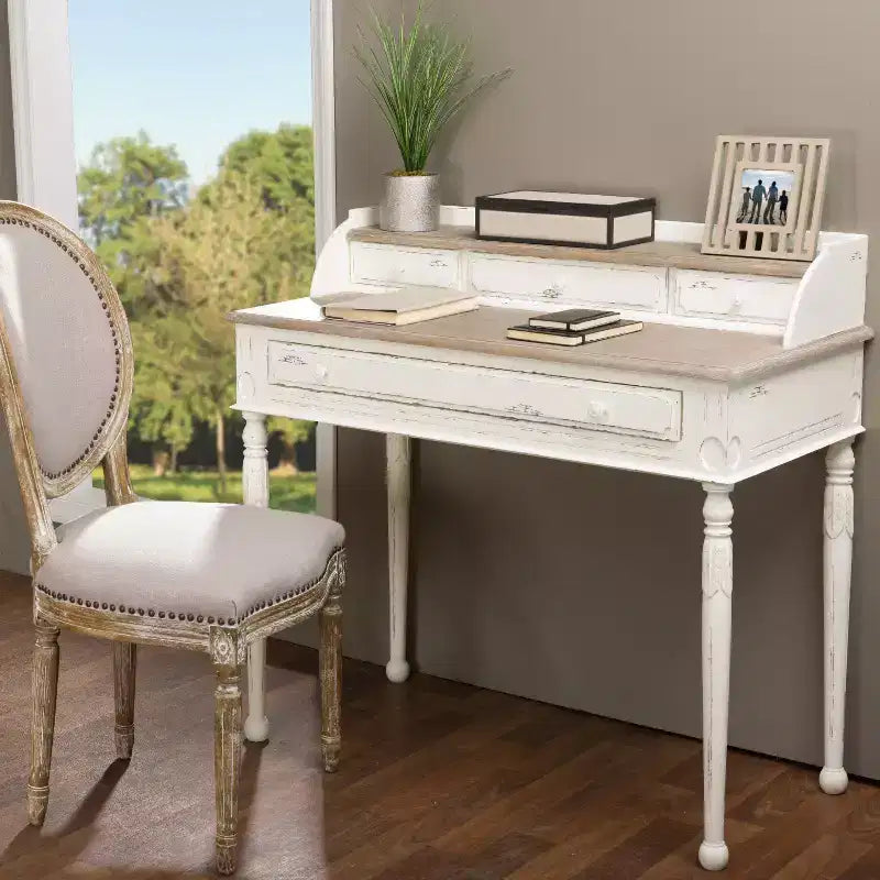 Bureau Anjou style traditionnel français blanc/brun clair - : 4 tiroirs, plateau en bois de mindi, mobilier de bureau