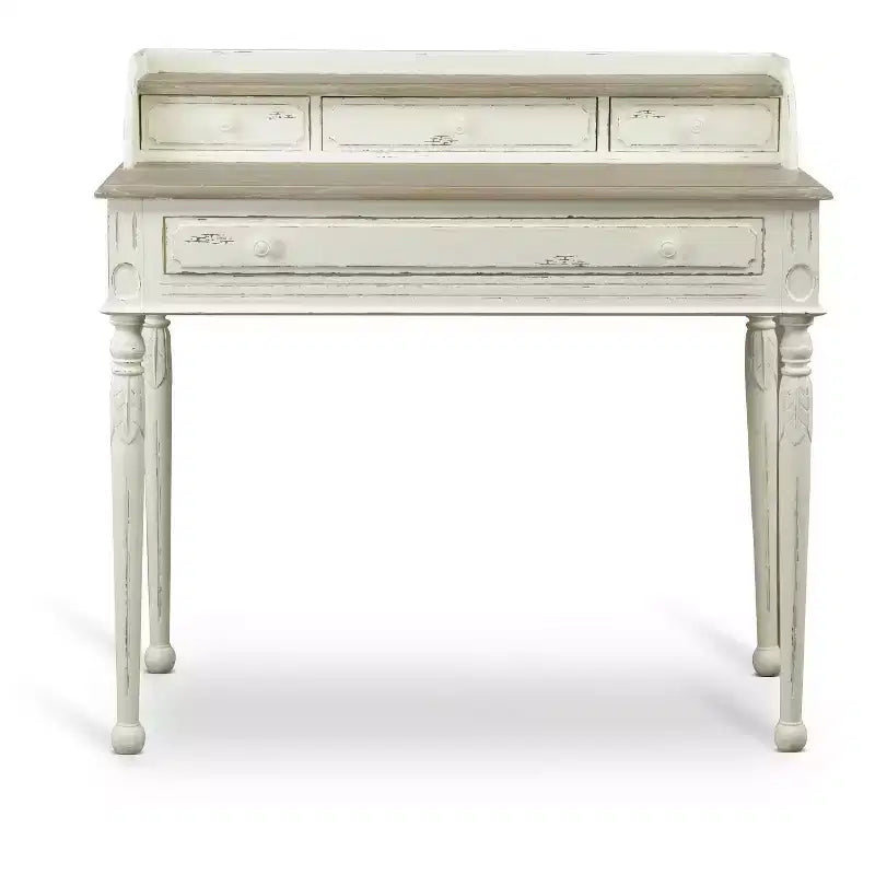 Bureau Anjou style traditionnel français blanc/brun clair - : 4 tiroirs, plateau en bois de mindi, mobilier de bureau