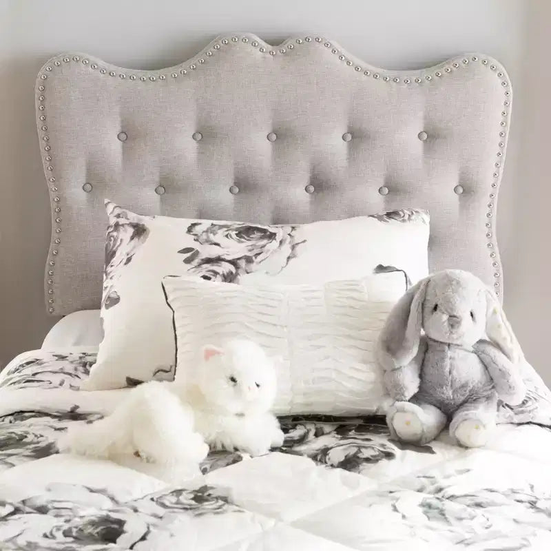 Tête de lit capitonnée moderne et contemporaine en tissu beige pour lit simple - : Courbes, capitonnages, montants en bois massif