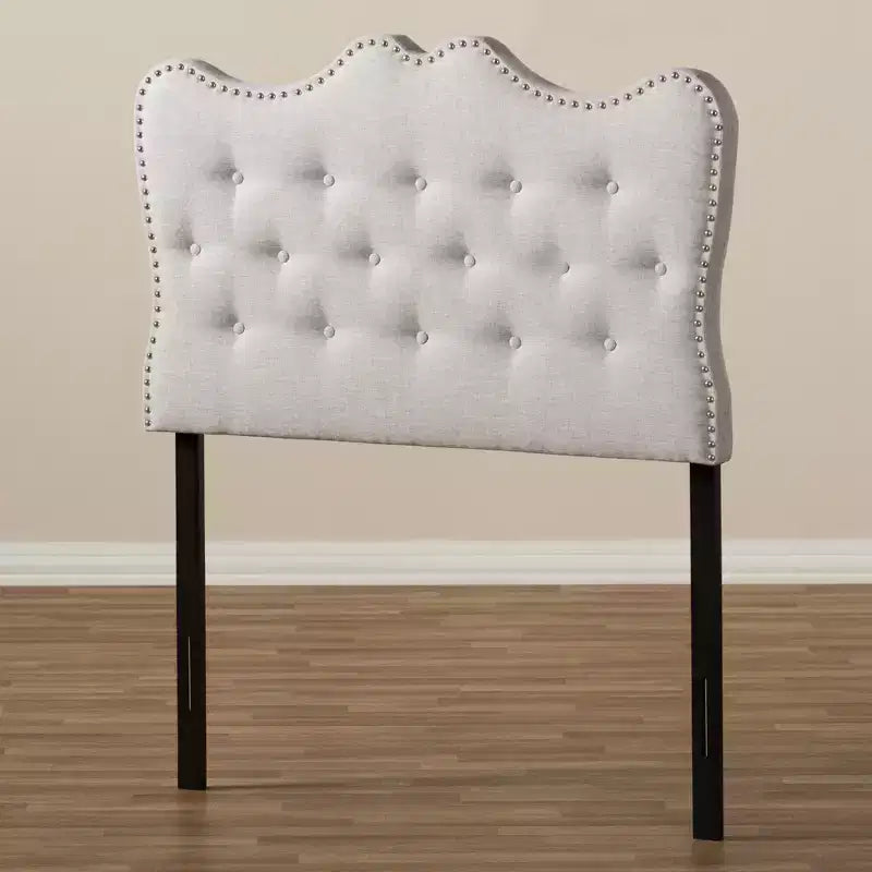 Tête de lit capitonnée moderne et contemporaine en tissu beige pour lit simple - : Courbes, capitonnages, montants en bois massif