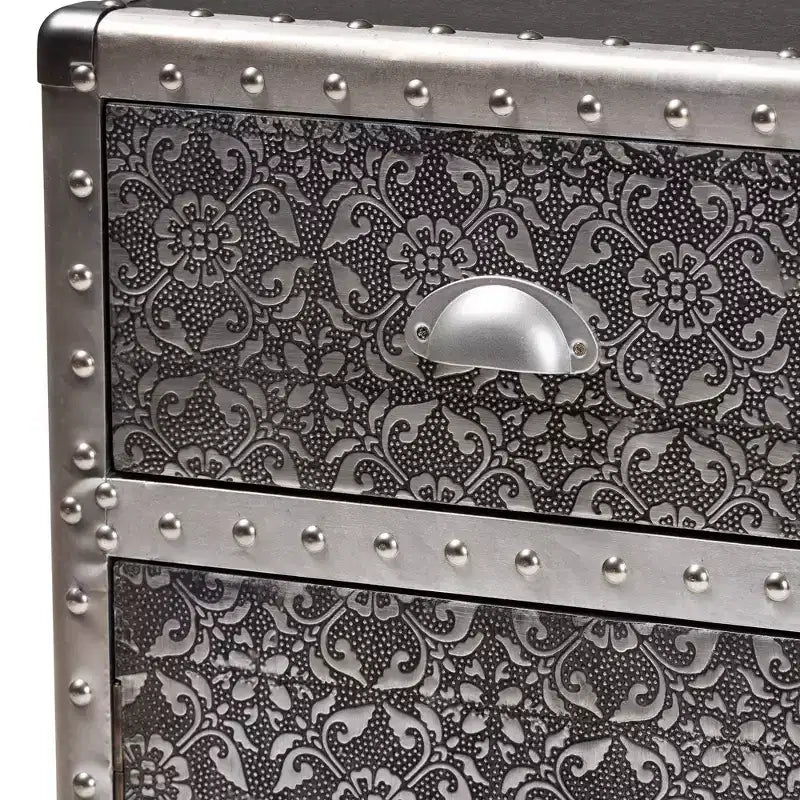 Meuble d'appoint floral en métal argenté - : Malle de rangement universelle, 71 cm de haut
