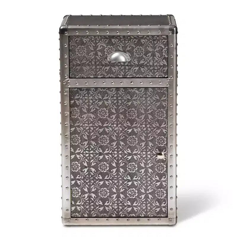 Meuble d'appoint floral en métal argenté - : Malle de rangement universelle, 71 cm de haut