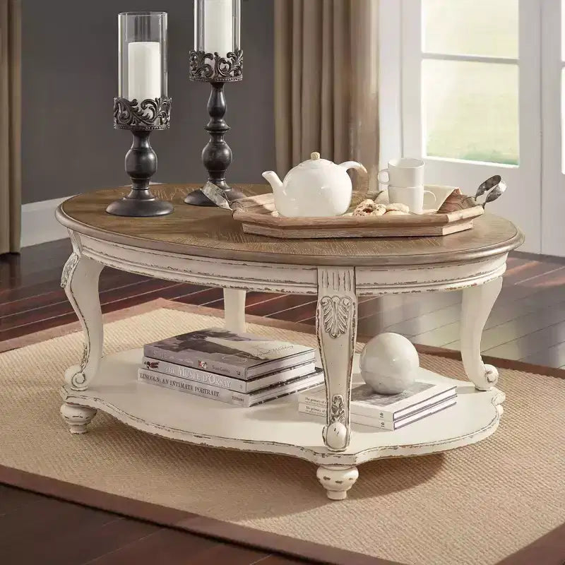 Table basse Blanc/Marron - : Style Cottage, Finition bois vieilli, Pieds courbés