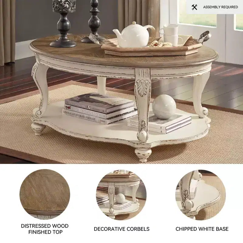 Table basse Blanc/Marron - : Style Cottage, Finition bois vieilli, Pieds courbés