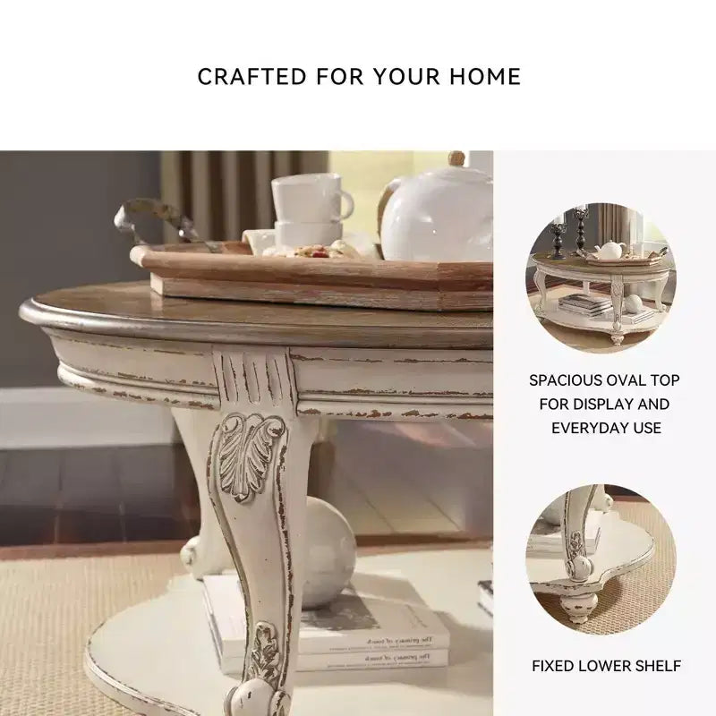 Table basse Blanc/Marron - : Style Cottage, Finition bois vieilli, Pieds courbés