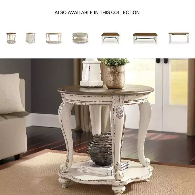 Table basse Blanc/Marron - : Style Cottage, Finition bois vieilli, Pieds courbés