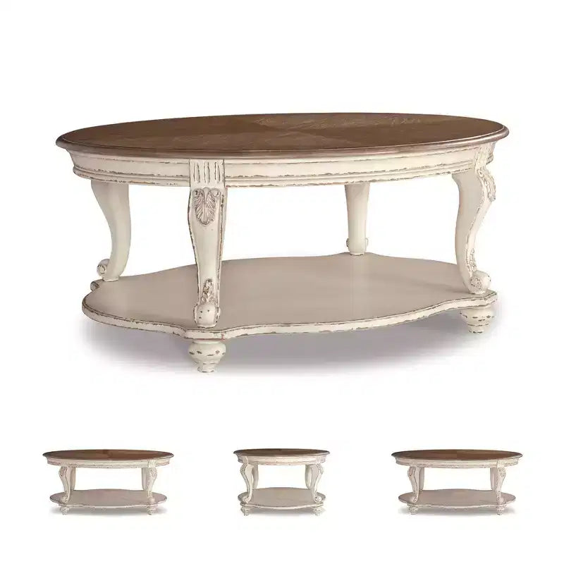 Table basse Blanc/Marron - : Style Cottage, Finition bois vieilli, Pieds courbés