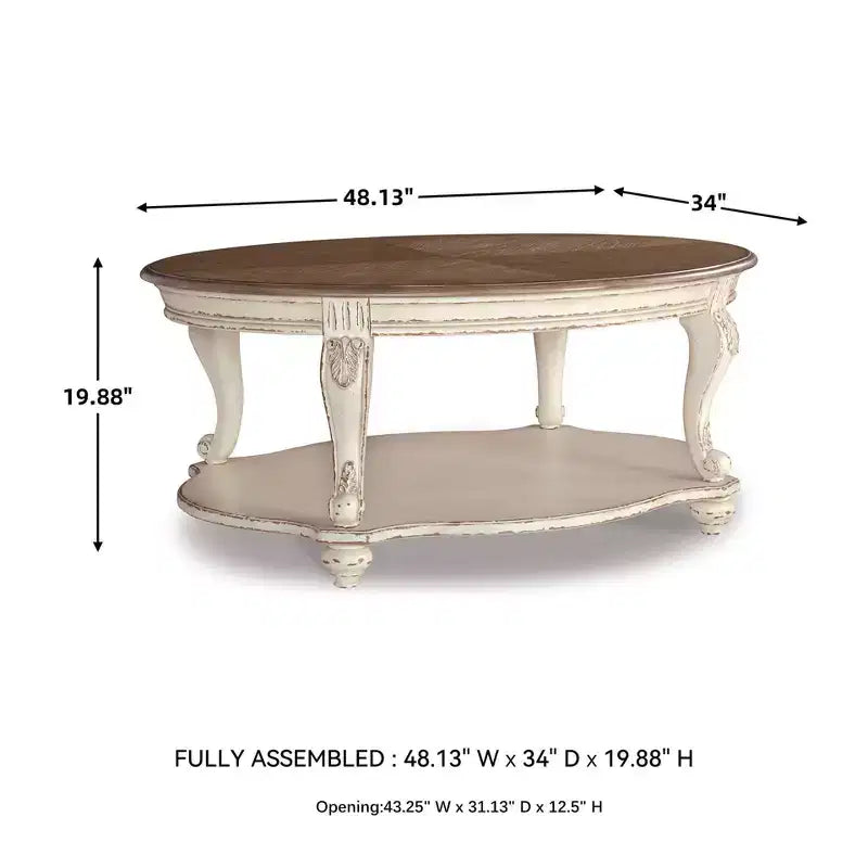 Table basse Blanc/Marron - : Style Cottage, Finition bois vieilli, Pieds courbés