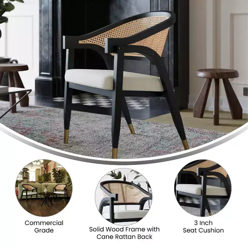 Chaise de salle à manger ou d'appoint Oliver Cane Rattan avec cadre en bois massif, dossier tissé et assise rembourrée