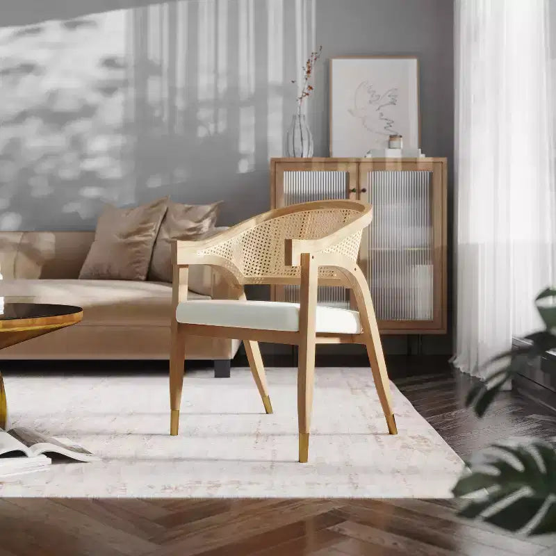 Chaise de salle à manger ou d'appoint Oliver Cane Rattan avec cadre en bois massif, dossier tissé et assise rembourrée