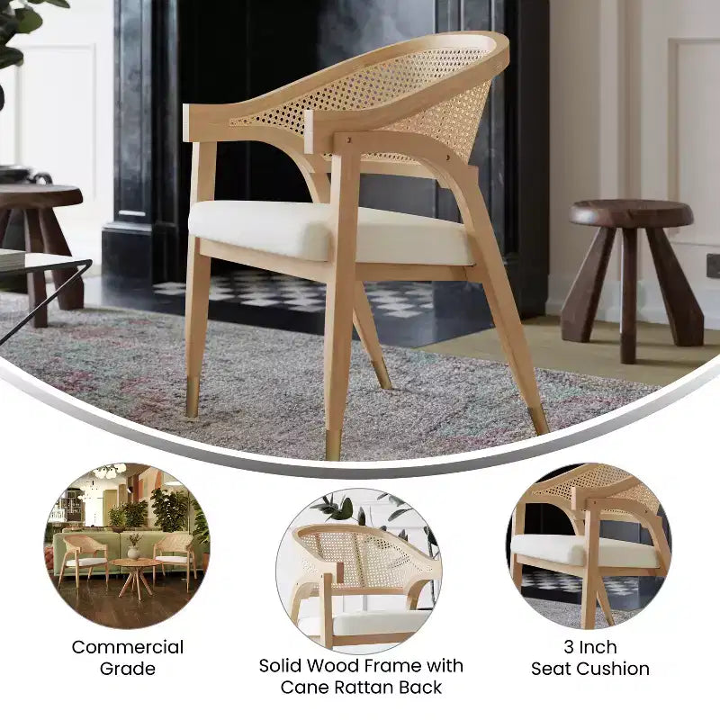 Chaise de salle à manger ou d'appoint Oliver Cane Rattan avec cadre en bois massif, dossier tissé et assise rembourrée