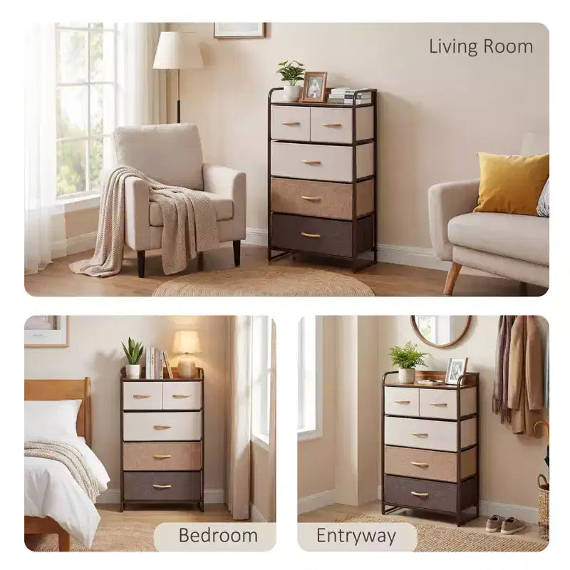 Commode en tissu à 5 tiroirs, tour de rangement à 4 niveaux avec cadre en acier pour couloir, chambre et placard