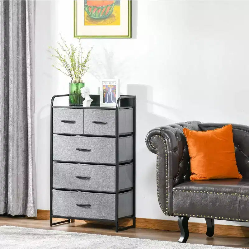 Commode en tissu à 5 tiroirs, tour de rangement à 4 niveaux avec cadre en acier pour couloir, chambre et placard