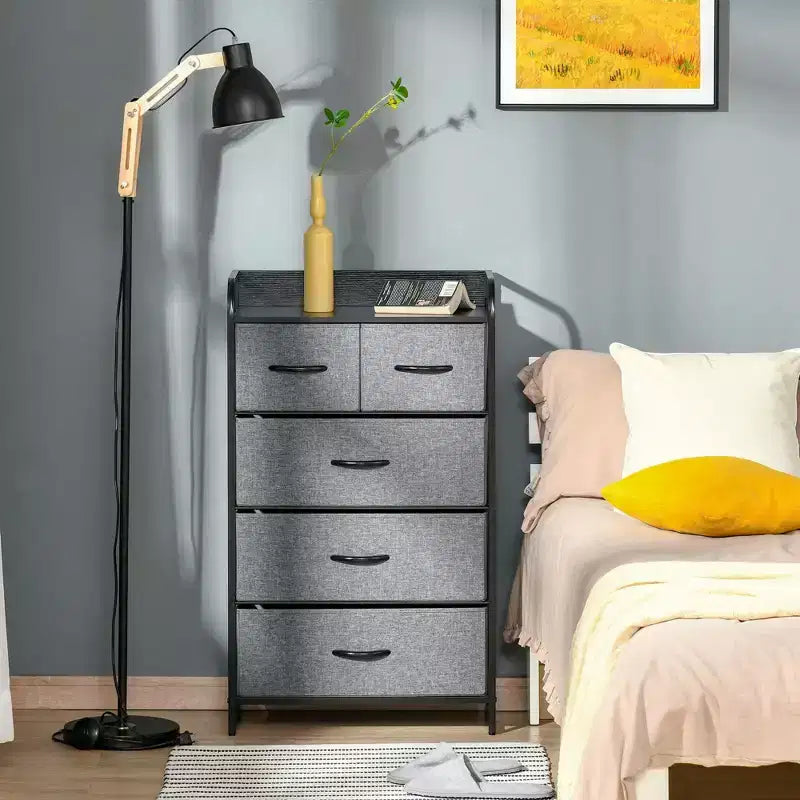 Commode en tissu à 5 tiroirs, tour de rangement à 4 niveaux avec cadre en acier pour couloir, chambre et placard