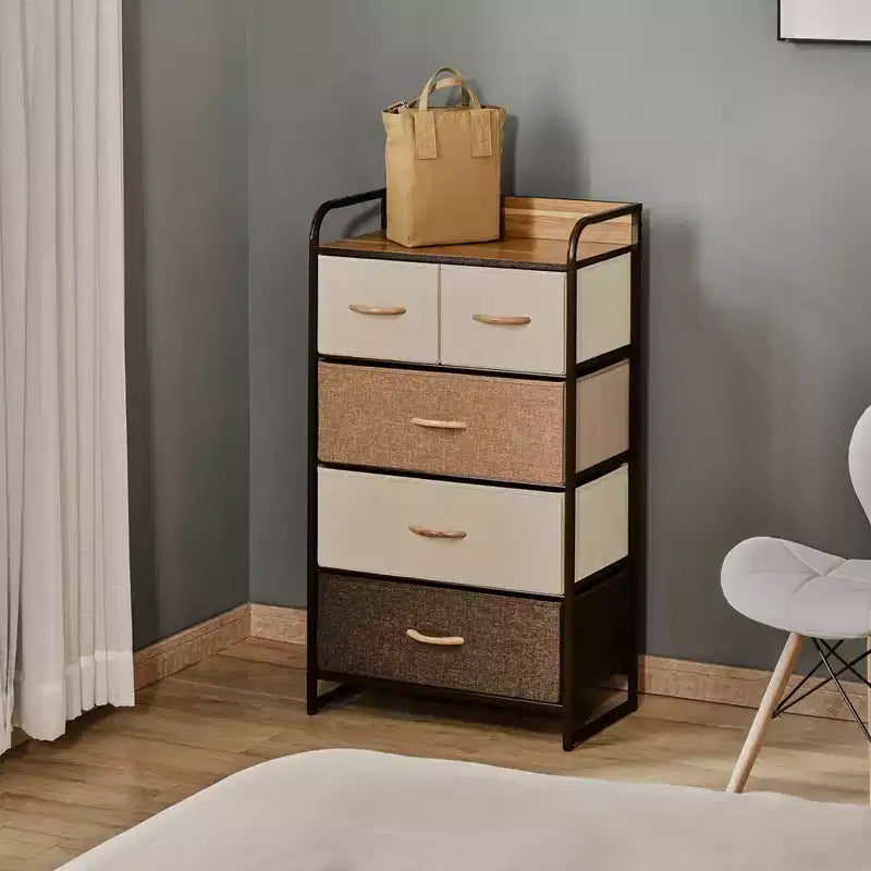 Commode en tissu à 5 tiroirs, tour de rangement à 4 niveaux avec cadre en acier pour couloir, chambre et placard