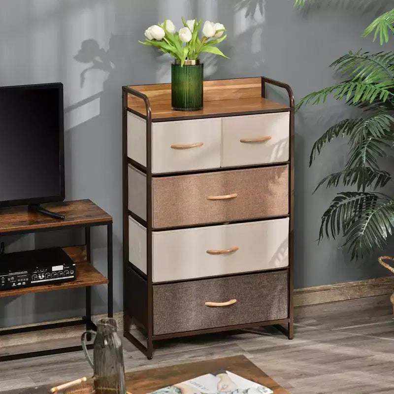 Commode en tissu à 5 tiroirs, tour de rangement à 4 niveaux avec cadre en acier pour couloir, chambre et placard